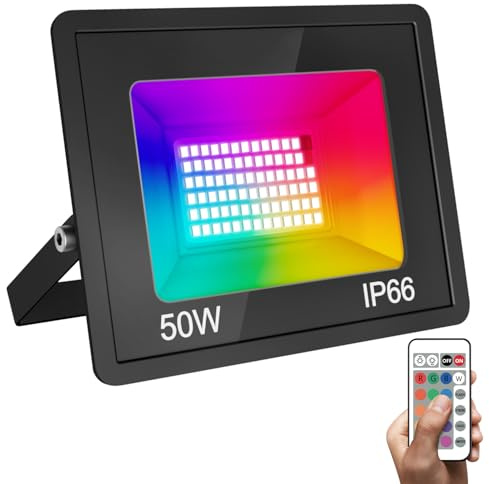 vighep RGB Security Lights Outdoor, 50W Dimmable Led Pir Floodlight with Remote Control, 4 Lighting Mode, IP66 Waterproof Outside Wall Light Mains Powered for Garage Backyard Garden Doorway(No Sensor)