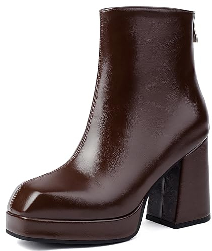 Lroey Reoly Mujer Tacón Ancho Botas Cortas con Plataforma Punta Quadrada Noche Botín Dx1099 Marrón Talla 36 EU