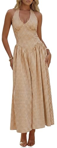 Wenrine Womens Halter V Neck Corset Maxi Dresses Summer Plaid Smocked Tie Back Backless Wedding Guest Drop Waist Dress Khaki