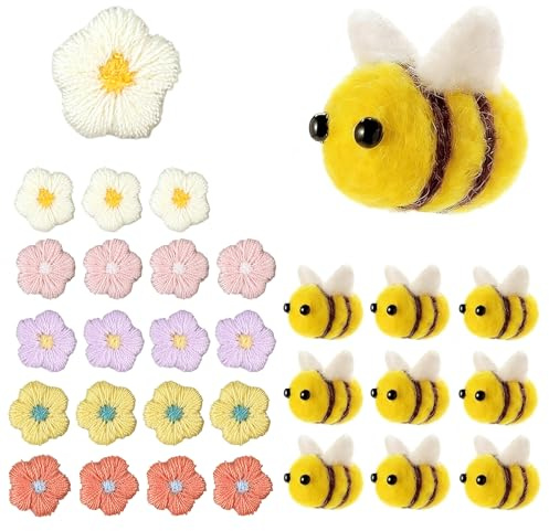THXFUNAREA Set di 30 api in feltro per artigianato e fiori all'uncinetto, decorazioni in lana per api in peluche, decorazioni per fai da te, decorazioni per feste