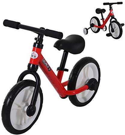HOMCOM Bicicleta de Equilibrio con Pedales y Ruedas Entrenamiento Extraíbles de Asiento Regulable 33-38cm Niños +24 Meses Carga 25kg Rojo