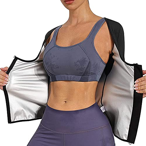 Chumian Women Sweat Sauna Suit Waist trainer Vest Hot Sweat Jacket Long Sleeve Zipper Slimming Shaper (Black, XL)
