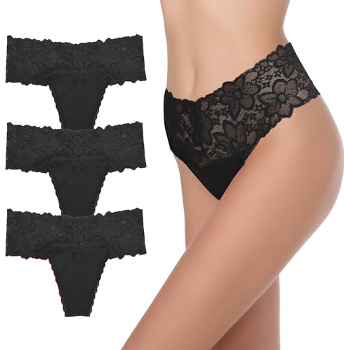 GAREDOB String Taille Haute en Dentelle de Coton Taille S à 4XL, Lot de 3, Large
