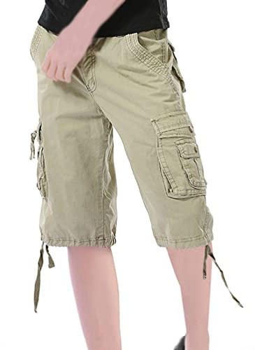 Minetom Femme Pantalons Cargo Short Bermuda Eté Multi-Poches Shorts Cargo Sport Grande Taille Casual Genou Longueur Pantalon Capris A Kaki M