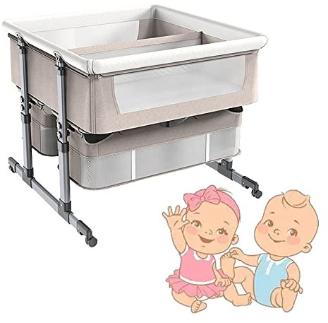 3-in-1 Stubenwagen für Zwillinge,Babywiege,Beistellbett für Babys,Reise-Stubenwagen für Babys,6 verstellbare Höhen,mit Aufbewahrungskorb,mit abnehmbarem Stoffbezug,Aufbewahrungskorb ( Color : Khaki )