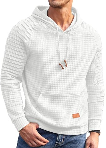 COOFANDY Sudadera con Capucha para Hombre, Jersey De Punto Waffle, Sudadera Informal con Cordón, Blanco L