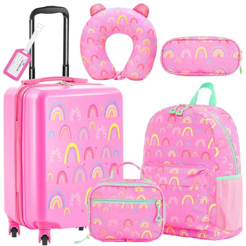 Redbaker 17 Inch 6 Pcs Kids Luggage Set Kids Rolling Luggage Double Pattern Suitcase for Boys Girls (Dusty Pink, Rainbow Style)