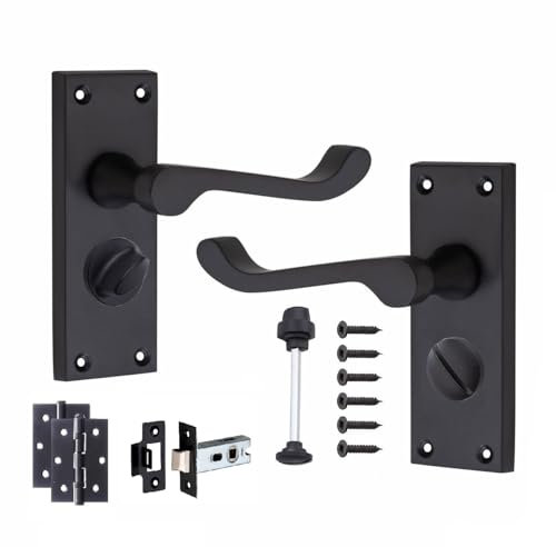 Golden Grace Victorian Scroll Privacy Door Handle in Matt Black Finish with 3 Ball Bearing Hinges & 2.5 Tubular Latch - 120mm x 40mm Backplate
