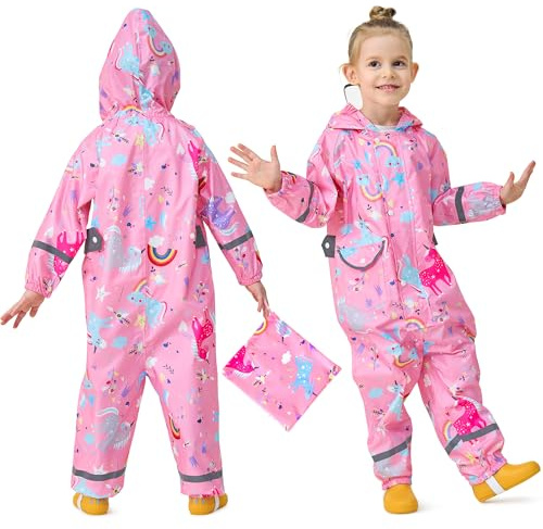 Domueay Kids Puddle Suit Girls Waterproof All in One Rain Suit Hooded Breathable Lightweight Raincoat Cartoon Muddy Suit with Zip for Children 3-5 Years, Pink