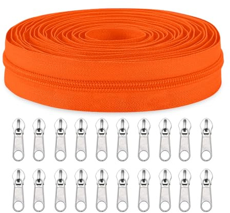 Sawoake #3 Nylon Coil Zippers by The Yard Bulk 10 Yards with 20pcs Zipper Sliders for DIY Sewing Tailor Craft Bag Garment Home Textile…(Orange)