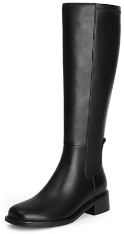 QIY Black Tall Boots for Women Knee High Black Heel Boots No Heel Riding Square Toe Dress Flat Leather Heeled Fall 2025 Chunky Long Boot Size 8.5