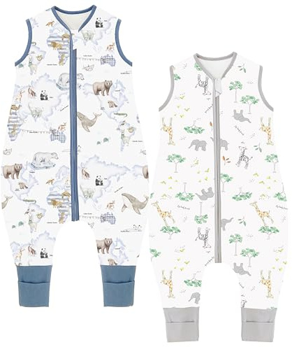 Chilsuessy Sacco nanna per bambini con piedi, confezione da 2 pezzi, 1,5 Tog, sacco a pelo per tutto l'anno, 100% cotone, con gambe, 1,5 tog/foresta di giraffa + carta animale, 100 cm, altezza del