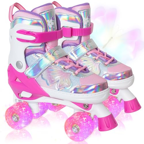 Nattork Kids Roller Skates for Girls Boys Kids, 4 Sizes Adjustable Quad Skates Butterfly and Flower with All Light up Wheels - Birthday Gift for Indoor Outdoor Sports