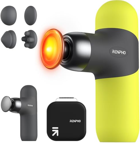 RENPHO Mini Thermal Massage Gun with Heat, Portable Fashion Deep Tissue Percussion Massager, 4 Intensities, 4 Heads, Travel Size with Carry Case, for Athletes, Green