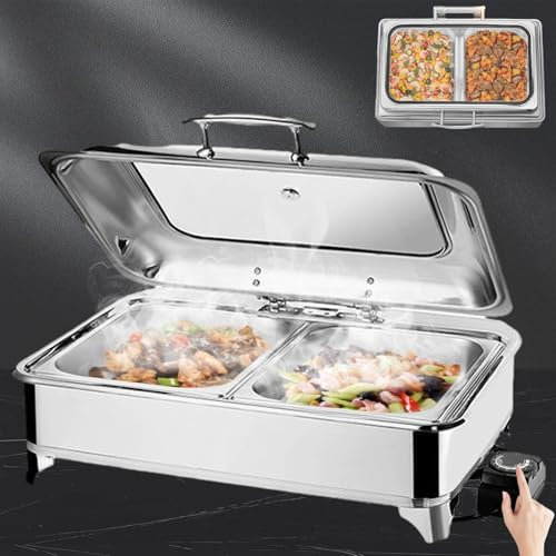 Aocay Chafing Dish Eléctrico, 9L Calentador de Comida Electrico para Buffet Temperatura Regulable, Calentador de Buffet in Acero Inoxidable con Tapa Visible(A,1/2 Pan)