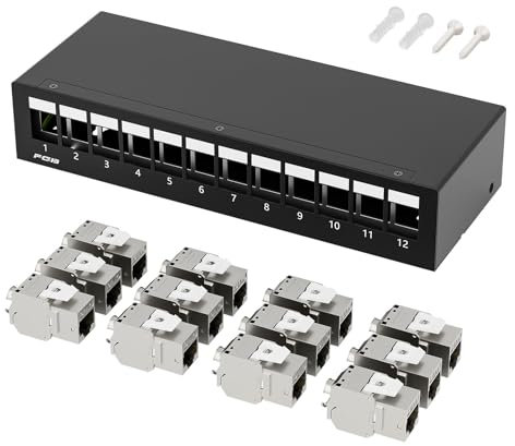 FGB Panel de conexión CAT7 de 10 Gbps de 12 puertos con 12 módulos Keystone Jack CAT.7 RJ45, panel de distribución STP para red LAN DSL, compatible con CAT6, CAT6a, CAT7, CAT8, cable de red