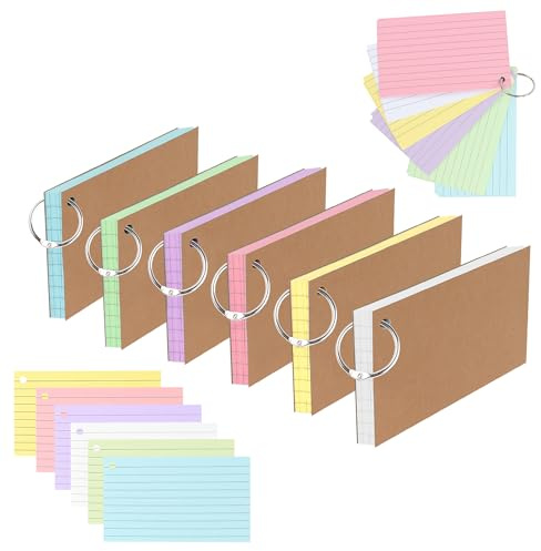 TECDW 300 PCS Fichas Con Cubierta De Papel Kraft Reforzado, Estudio Flashcards De 3x5 Pulgadas, Colorido Tarjetas De íNdice Para El Aprendizaje, La Oficina Y El Hogar (6 Colores 6 Llaveros De Metal)