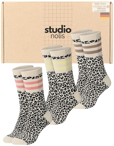 Studio Nolis Tennissocken Leo - 3er Set - Socken Damen Leo Print - Crew Socks Streifen - Leopardenmuster - Oekotex 100 Baumwolle (39-42, All Leo Peach)