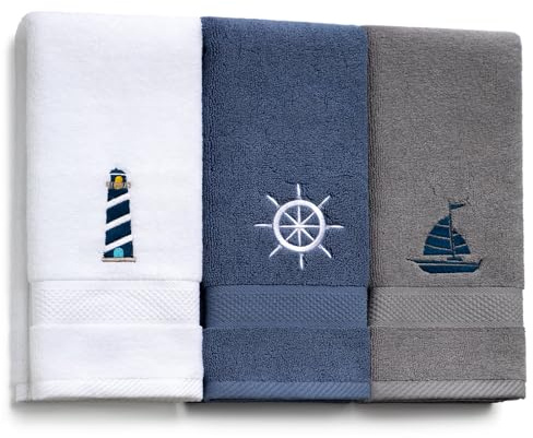 HunnmingRe 3 Pcs Nautical Hand Towels 13.3 x 28.4'' Nautical Bathroom Decor Summer Dark Blue White Cotton Dish Towels Coastal Boat Owners Gift for Home Bath Kitchen Beach Accessories