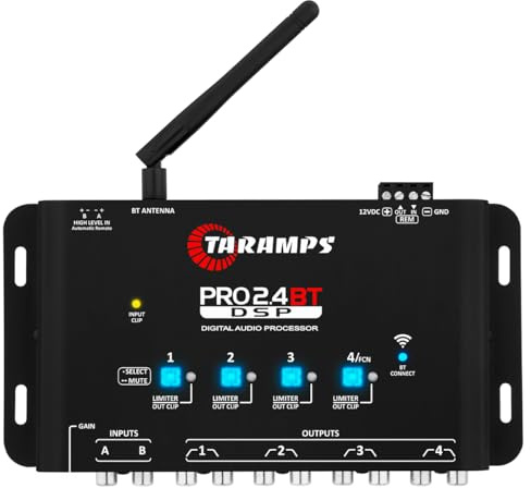 Taramps Pro 2.4 BT Bluetooth DSP Crossover Full, processore di segnale digitale, equalizzatore audio per auto con app, guadagno fino a 9 V, equalizzazione grafica a 15 bande, 12 preset EQ, 2 ingressi