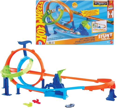 Hot Wheels Stunt Tracks Rapid Cyclone lekset med bil i skala 1:64 | Bana med 2 loopar och 2 kraschzoner, 1 metallbil ingår, kompatibel med Speed Snap Track, JHK73