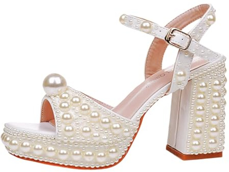 Surwin Sandali Donna Estive Eleganti con Tacco, Tacchi Matrimonio Grossi Plateau Donna Eleganti Sandalo EU 34-42 Decorazione di Perle Scarpe Tacchi Comoda Punta Aperta 9.5cm (Beige,42)