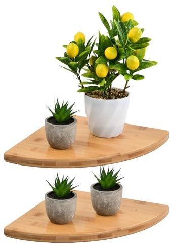 Ecofocet Estanterías de Esquina en Bambú, 2 Piezas Estantes Flotantes 25x25 cm, Estantería Sospensa de Pared para Cocina, Baño, Dormitorio y Salón, Decoración y Almacenamiento