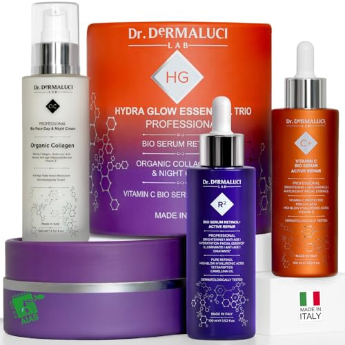 Geschenkbox Bio Routine komplett | Anti-Aging – Erneuert, befeuchtet und beleuchtet | mit Retinol, Kollagen & Vitamin C | 2 Seren und Creme (3 × 100 ml) | trockene, reife und empfindliche Haut | AIAB