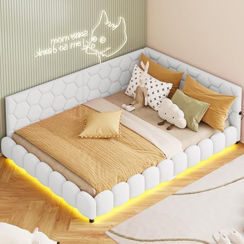 MISNODE Stoppsoffa, 140 x 200 cm, med LED och USB, L-formad, med lamellbotten, för barn, ungdom, dubbelsäng, i lammskinn, utan madrass (vit KK01)