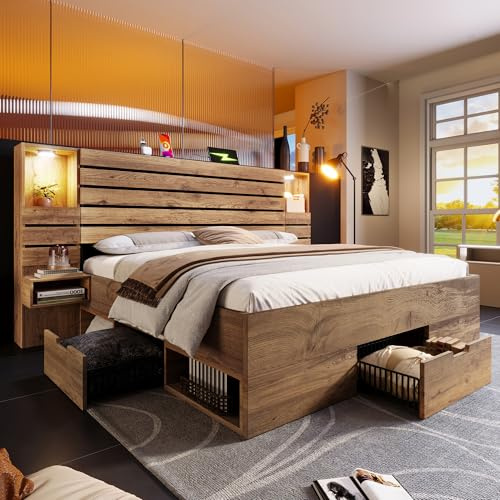 Letto matrimoniale in legno 160x200 cm con faretti LED e USB Type-C, nicchia illuminata, comodini sospesi, spazio di archiviazione sotto il letto con cassetti, senza materasso