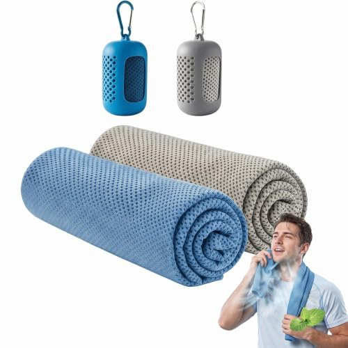 KERYBW Juego De 2 Toallas De Refrigeración Con Caja De Almacenamiento De Silicona – 2 Toallas De Enfriamiento De 90 X 30 Cm Para Deporte, Cuello, Gimnasio Y Yoga