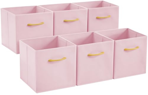 Collapsible Fabric Storage Cubes, Pack of 6 Foldable Boxes with Handles | Pink 33 x 38 x 33 cm | Non-Woven Fabric | Open-Top Cube Shelf Baskets For Wardrobes, Toys, Clothes & Nursery