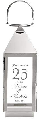 Casa Vivente Laterne aus Edelstahl mit Gravur zur Silbernen Hochzeit, Personalisiert mit Namen und Datum, Dekoration für Haus und Garten, Geschenkidee zum 25. Hochzeitstag