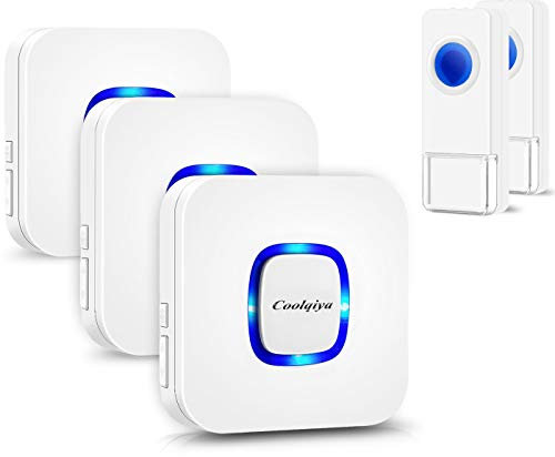 Coolqiya Wireless Doorbell Chimes with 2 Remote Waterproof Door Bell Buttons and 3 Plugin Receivers, Operating up to 1000 Feet Range, No Battery Required for Receiver, White