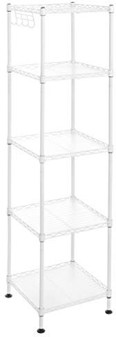 SONGMICS Estantería Baño, Estantería Metal, Carga Total de 100 kg, 5 Hojas de PP, Ganchos Desmontables, 30 x 30 x 123,5 cm, Diseño Expandible, para Espacio Pequeño, Blanco y Traslúcido LGR023W01