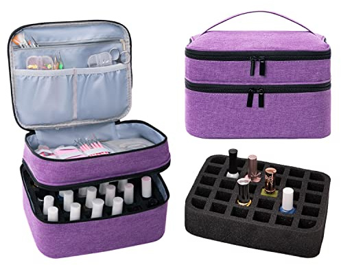 OSPUORT Portable Nail Polish Carrying Case, Holds 30 Bottles, Double Layer Design Nail Polish Holder, Professional Travel Organizer Bag for Nail Varnish and Manicure Set (Purple)