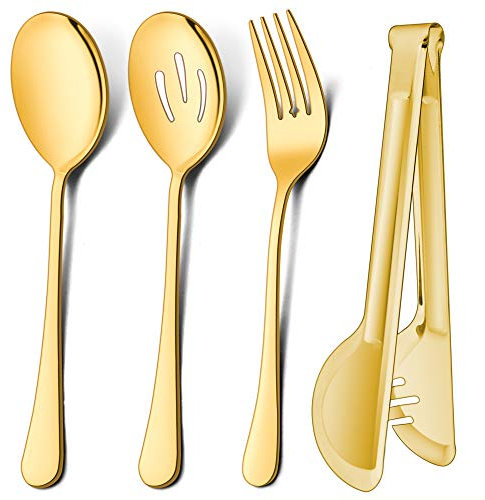 LIANYU 12-Piece Large Gold Serving Utensils Set, 9.8 Inch Stainless Steel Serving Spoons Forks Tongs Set, Perfect for Hostess Buffet Catering Party, Dishwasher Safe