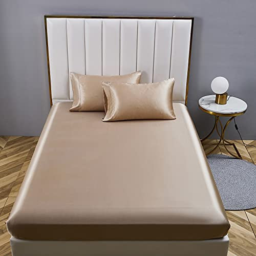 Boqingzhu Satin Spannbettlaken 160x200cm Gold Uni Seide Spannbetttuch Microfaser Bettlaken für bis 30cm Matraze