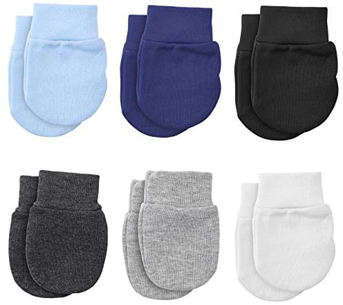 6 Paar Babyhandschuhe Baumwolle Fäustlinge Anti-Grab Fäustlinge für 0-6 Monate Baby Jungen und Mädchen(Blau, Marineblau, Schwarz, Grau, Dunkelgrau, Weiß)
