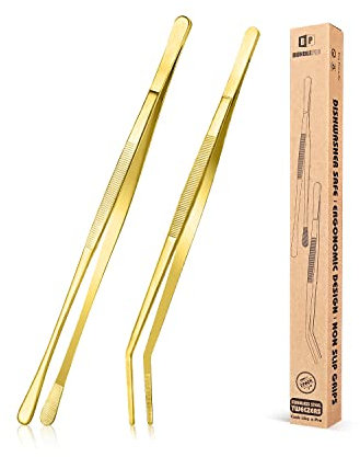 BUNDLEPRO Pinze per alimenti in acciaio inox, 2 pezzi, 30,5 cm, set di pinzette da cucina professionali dorate lunghe per cucinare, riparare, frutti di mare e barbecue