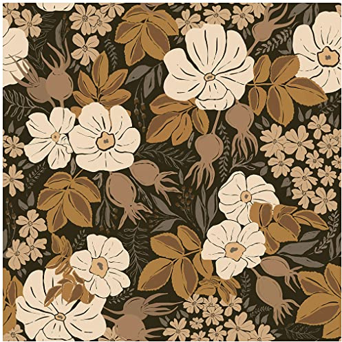 Dark Peel and Stick Wallpaper, Vintage Floral Retro Removable Contact Paper for Cabinet and Drawer, Black & Brown Flower Renter Friendly Wall Decor for Bathroom, Bedroom and Kitchen, 17.5” x 118”