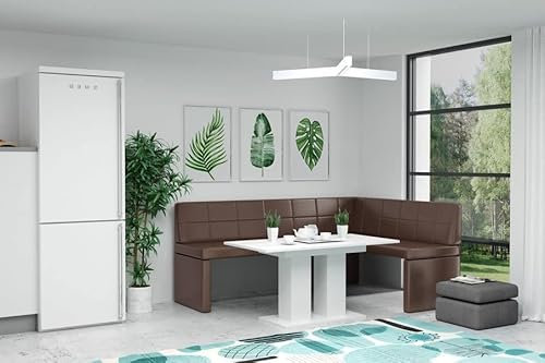 GREKPOL Eckbank Marta Küchenbank Sitzecke Kunstleder pflegeleicht (Braun rechts, 142x196cm)