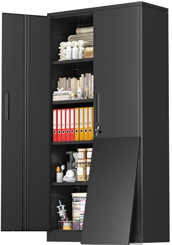 Greenvelly Storage Cabinet, 72” Black Garage Steel Locking Cabinet with Doors and 4 Adjustable Shelves, Tall Lockable File &Tool Cabinet for Home Office, Metal Classroom Cabinet Basement