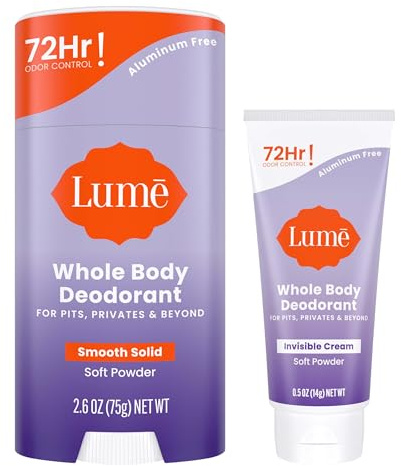 Lume Whole Body Deodorant - Invisible Cream Tube Mini and Solid Stick - 72 Hour Odor Control - Aluminum Free, Baking Soda Free, Skin Safe - 0.5 Oz Mini Tube + 2.6 Oz Solid Stick (Soft Powder)