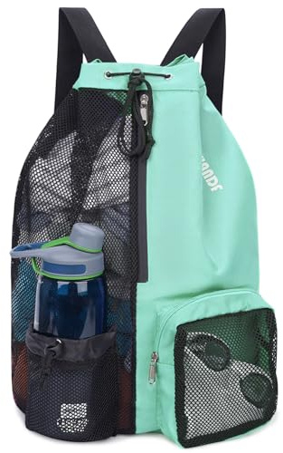 WANDF Swim Bag Mesh Drawstring Backpack with Wet Pocket for Swimming, Gym, and Workout Gear (Mint Green)