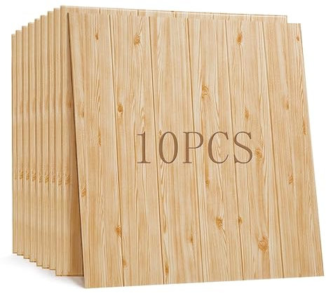 RDCIRP Papel Tapiz 3D de Grano de Madera de 10 Piezas, Paneles de Pared autoadhesivos, Pared Decorativa con Efecto de Madera for Sala de Estar, Dormitorio, Cocina (Color : Natural)