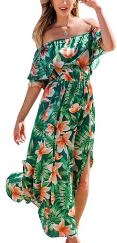 CUPSHE Robe pour Femme d'été en Forme de Robes à épaules dénudées Maxi Longueur à Volants ajustée à la Taille imprimé Tropical