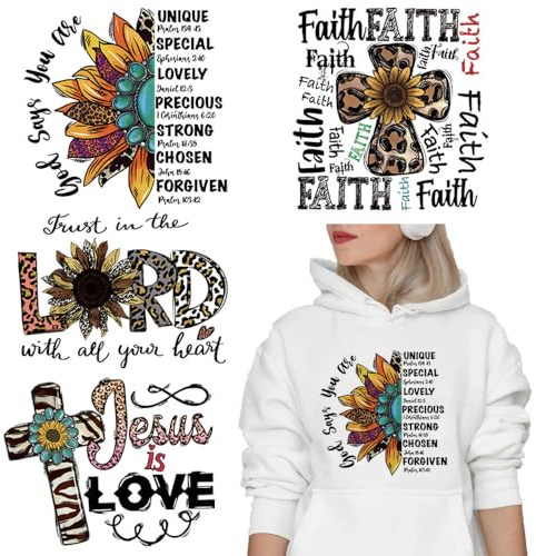 4 Packs Jesus Iron on Patches for Clothes, Large Size Jesus Cross Clothes Patches Sew Decorations Jesus Sunflower DTF Ready to Press Heat Transfer Vinyl Decals Appliques for T-Shirt Bag Pillow Hat