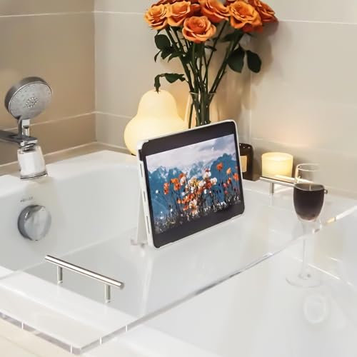 Ezcasch Tablette de Baignoire en Acrylique Verre 75cm, Pont de Baignoire avec poignée, Plateau de Baignoire Support pour Un Verre, Livre pour Décoration Baignoire, Transparent