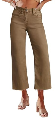 Allimy Vaqueros de cintura alta para mujer, pierna recta, pierna ancha, rasgados, dobladillo deshilachado, pantalones de mezclilla capri elásticos, marrón, 38